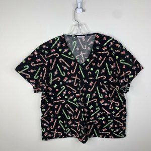 V Life Womens XL Black Christmas Theme Candy Cane Short Sleeve Scrub Top